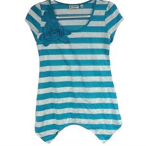 Versona XS Turquoise Rosette Lace Stripe Tunic Blouse Sharkbite Hem Scoop SS Top